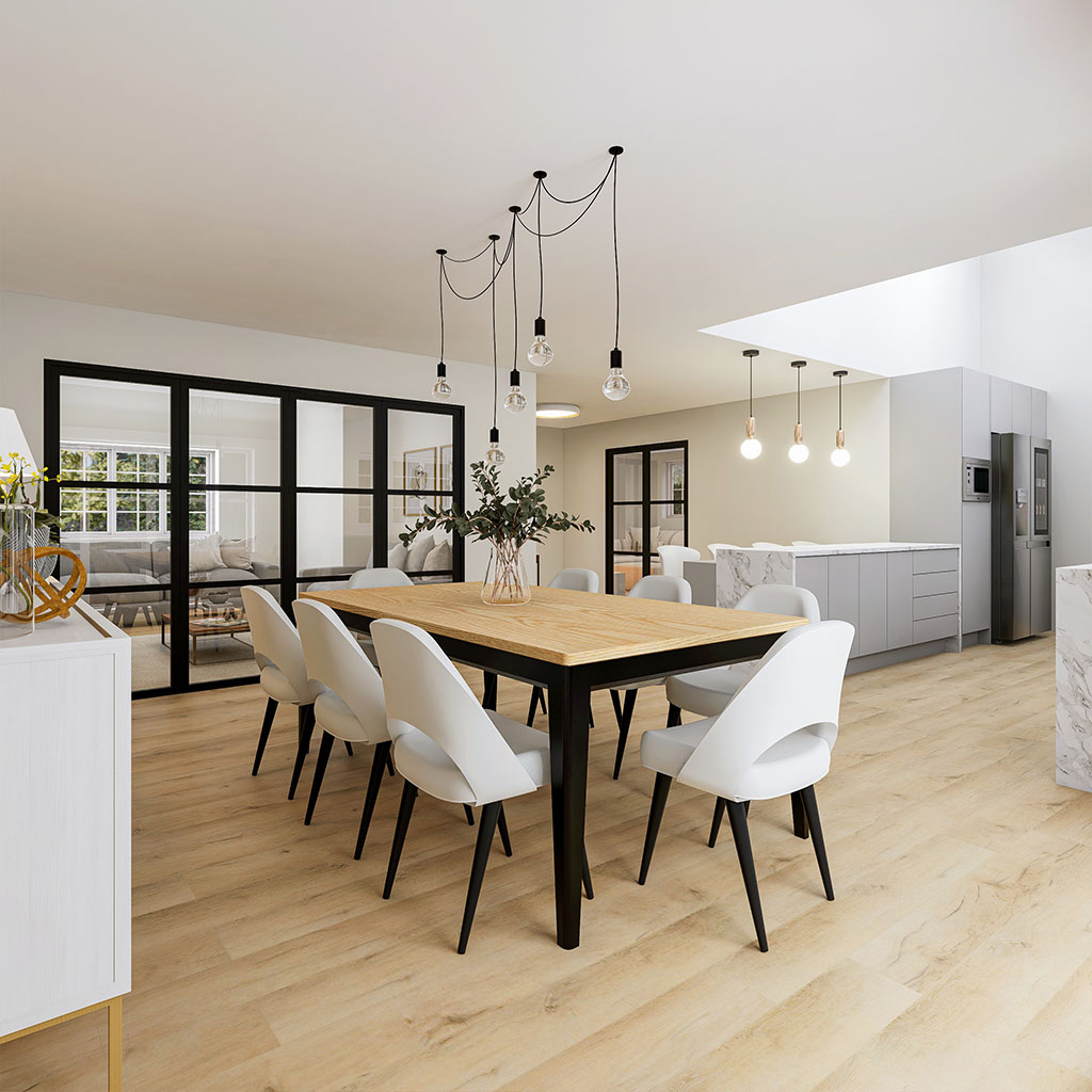 Architecturally beautiful dining room with hanging light wood and metal finish